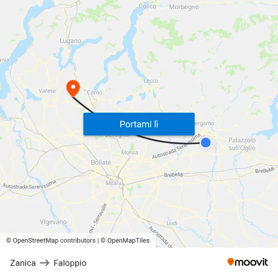 Zanica to Faloppio map