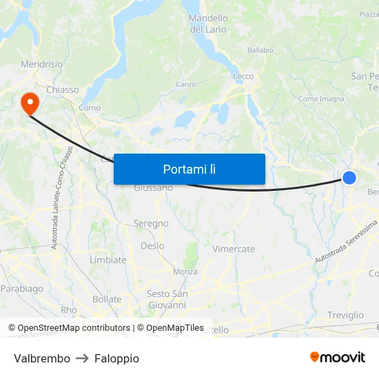 Valbrembo to Faloppio map