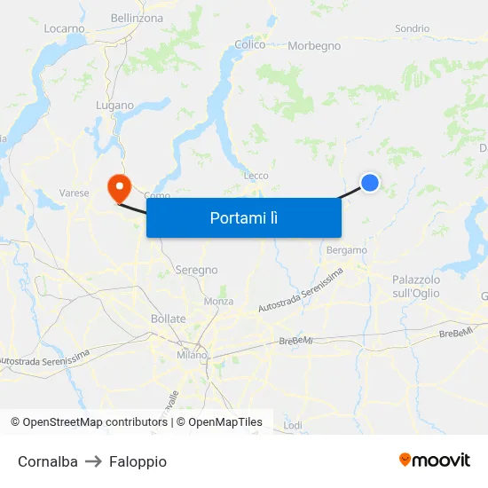 Cornalba to Faloppio map