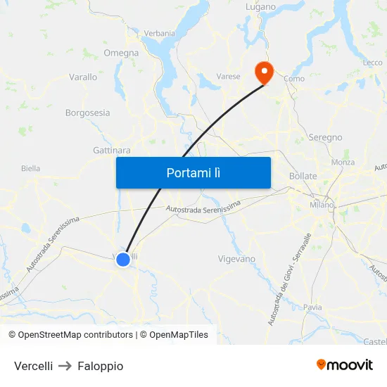 Vercelli to Faloppio map