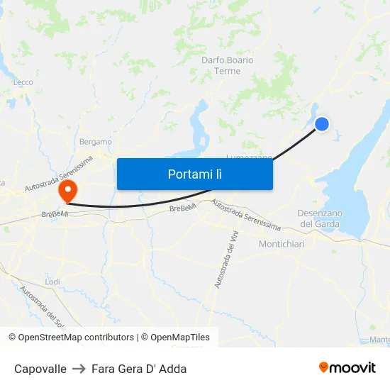 Capovalle to Fara Gera D' Adda map