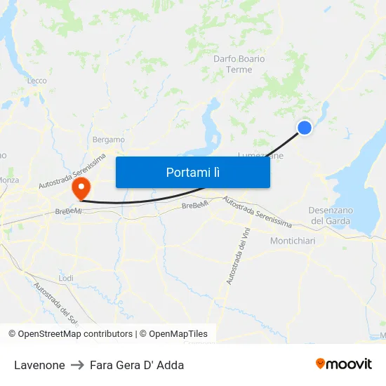 Lavenone to Fara Gera D' Adda map