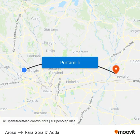 Arese to Fara Gera D' Adda map
