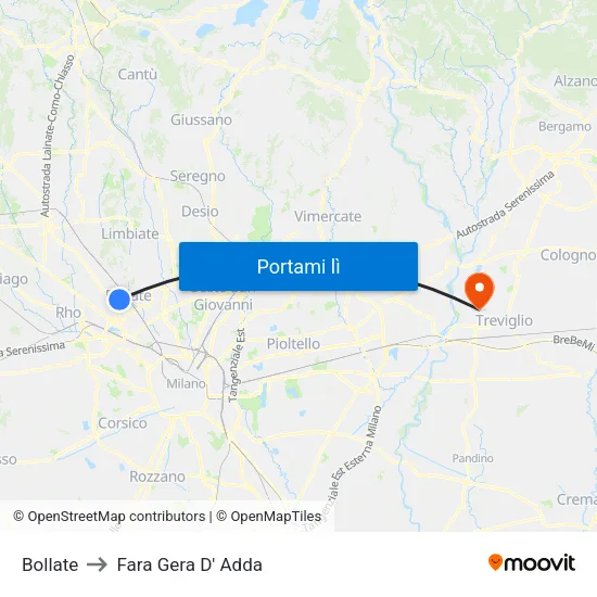 Bollate to Fara Gera D' Adda map