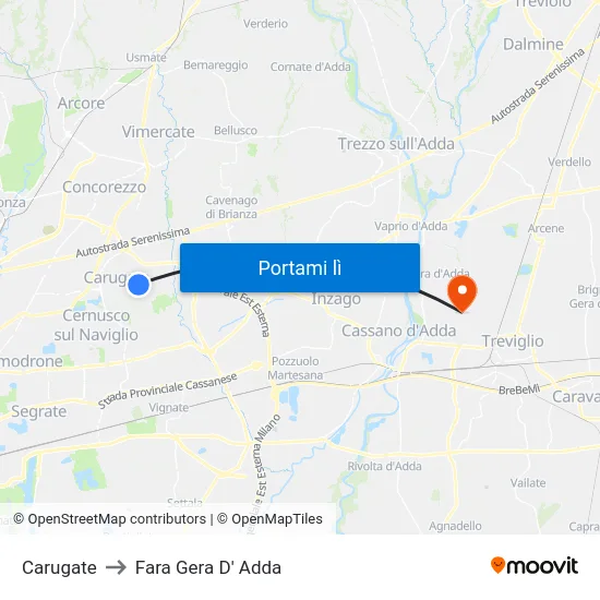Carugate to Fara Gera D' Adda map