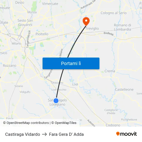 Castiraga Vidardo to Fara Gera D' Adda map