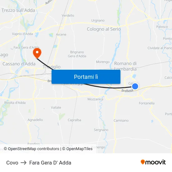 Covo to Fara Gera D' Adda map