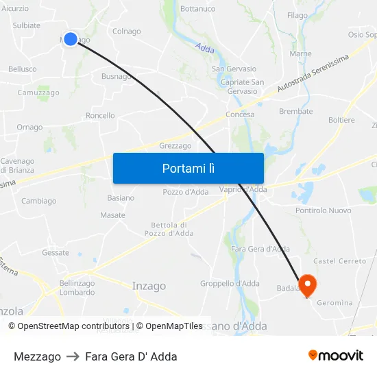 Mezzago to Fara Gera D' Adda map