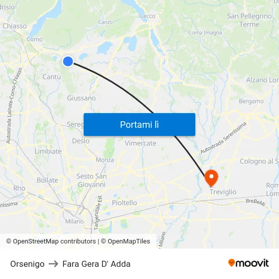 Orsenigo to Fara Gera D' Adda map