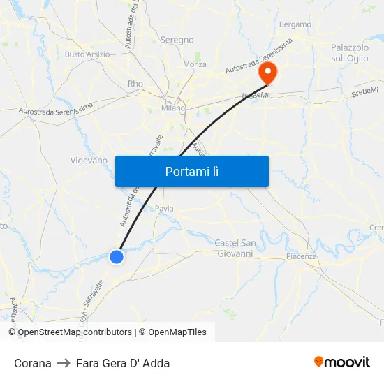 Corana to Fara Gera D' Adda map