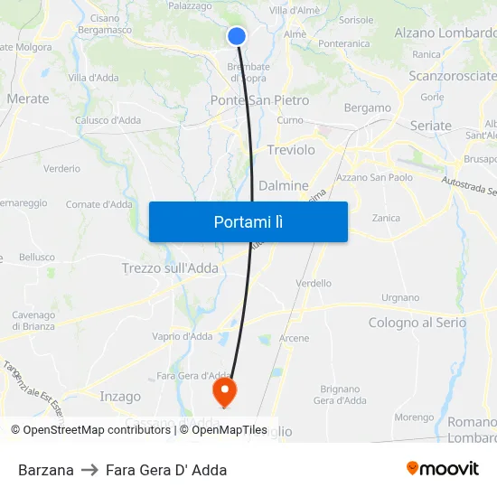 Barzana to Fara Gera D' Adda map