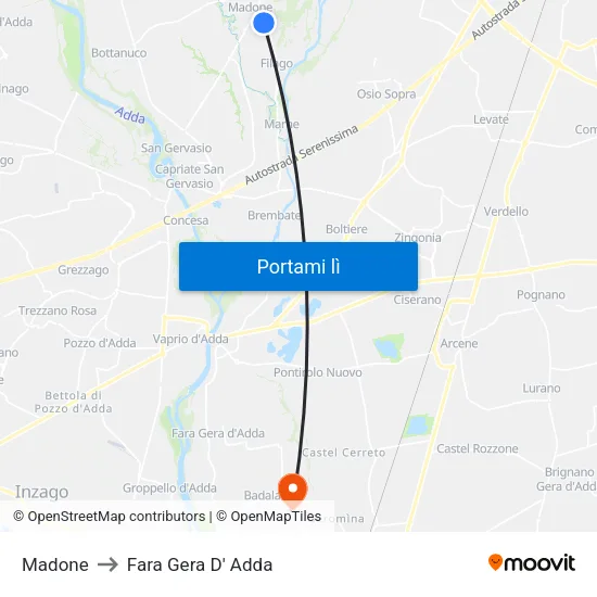Madone to Fara Gera D' Adda map