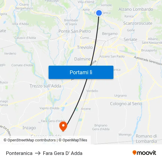 Ponteranica to Fara Gera D' Adda map