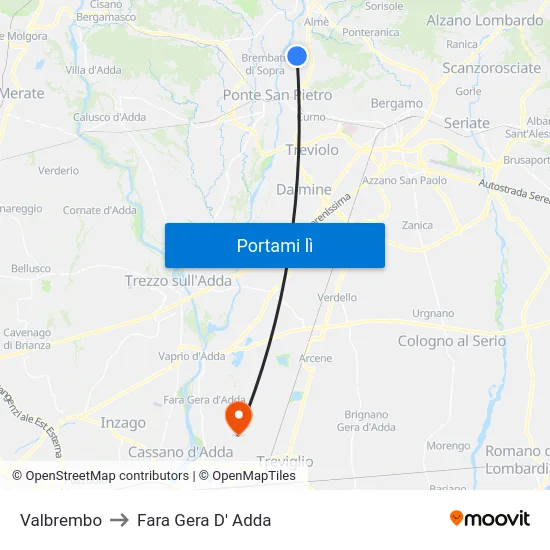 Valbrembo to Fara Gera D' Adda map