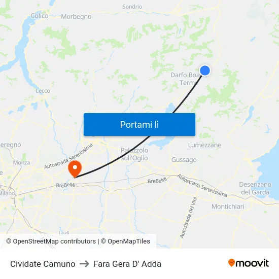 Cividate Camuno to Fara Gera D' Adda map