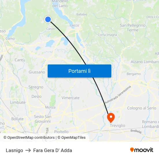 Lasnigo to Fara Gera D' Adda map