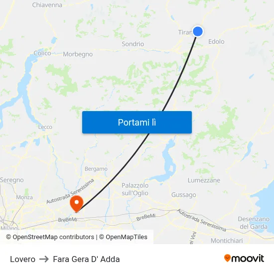 Lovero to Fara Gera D' Adda map