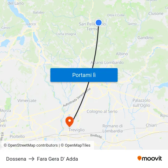 Dossena to Fara Gera D' Adda map