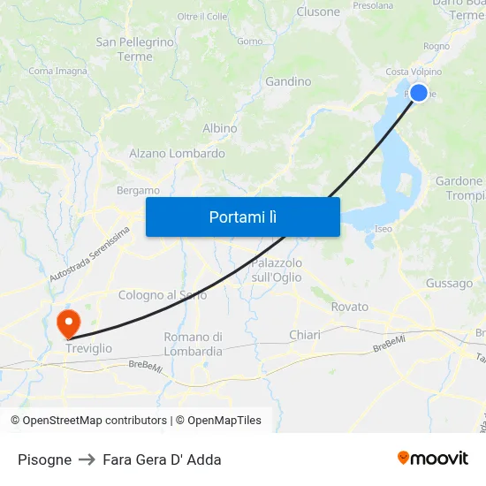 Pisogne to Fara Gera D' Adda map