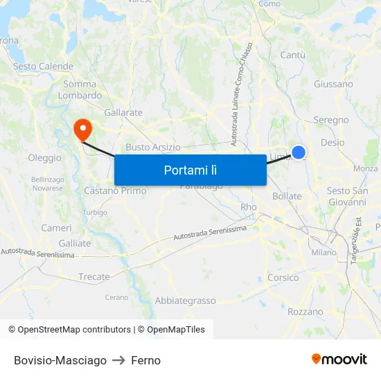 Bovisio-Masciago to Ferno map