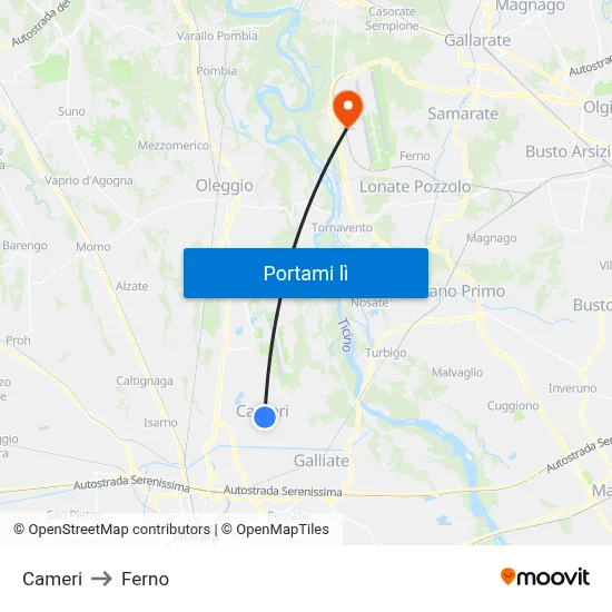 Cameri to Ferno map