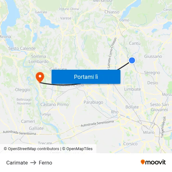 Carimate to Ferno map