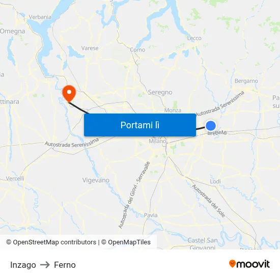 Inzago to Ferno map