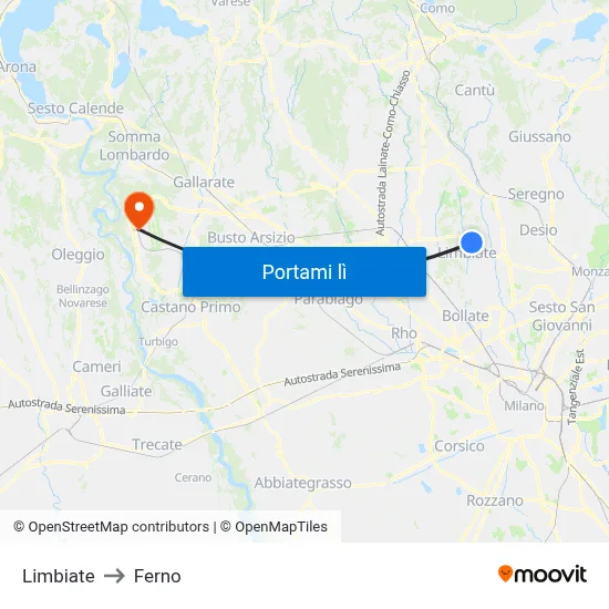 Limbiate to Ferno map