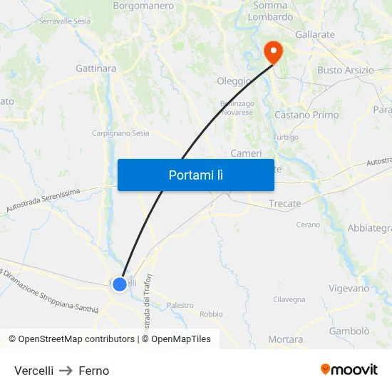 Vercelli to Ferno map