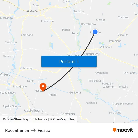 Roccafranca to Fiesco map