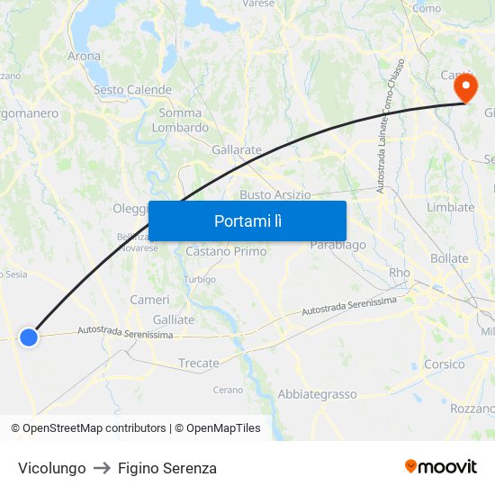 Vicolungo to Figino Serenza map