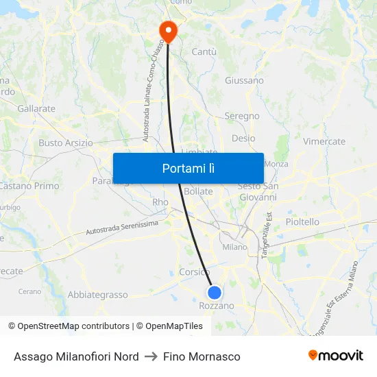 Assago Milanofiori Nord to Fino Mornasco map