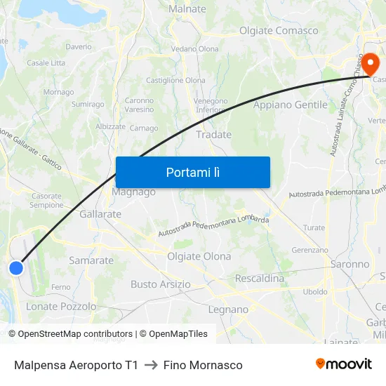 Malpensa Aeroporto T1 to Fino Mornasco map