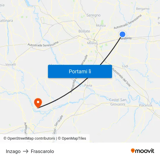 Inzago to Frascarolo map