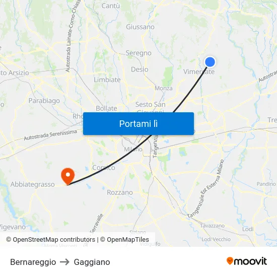 Bernareggio to Gaggiano map