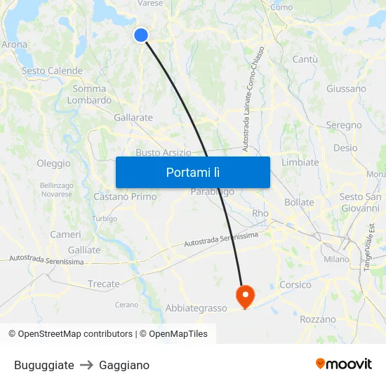 Buguggiate to Gaggiano map
