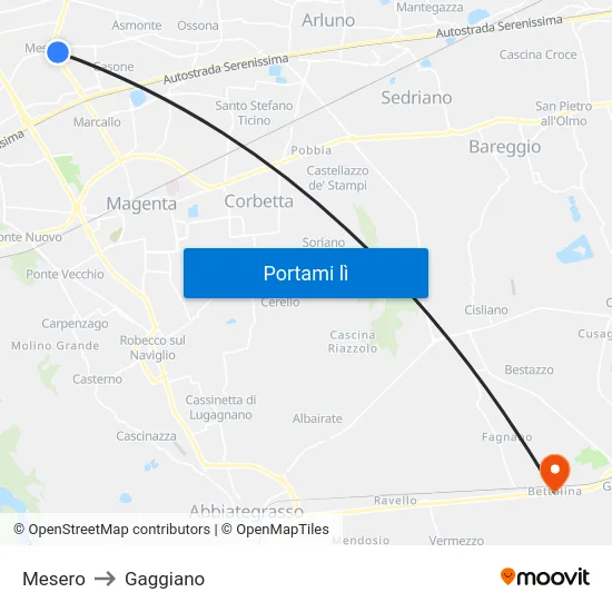 Mesero to Gaggiano map
