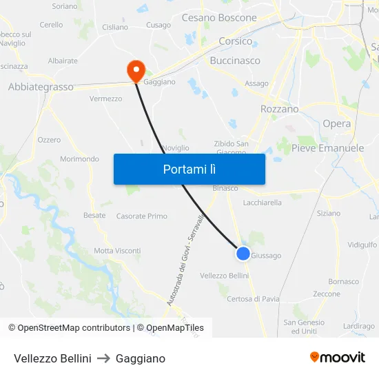 Vellezzo Bellini to Gaggiano map