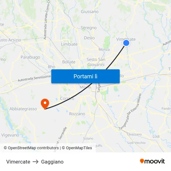 Vimercate to Gaggiano map
