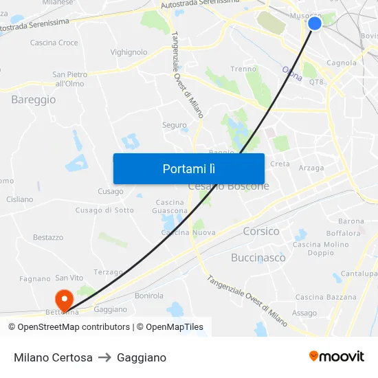 Milano Certosa to Gaggiano map