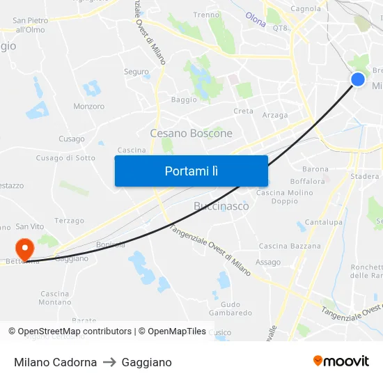 Milano Cadorna to Gaggiano map