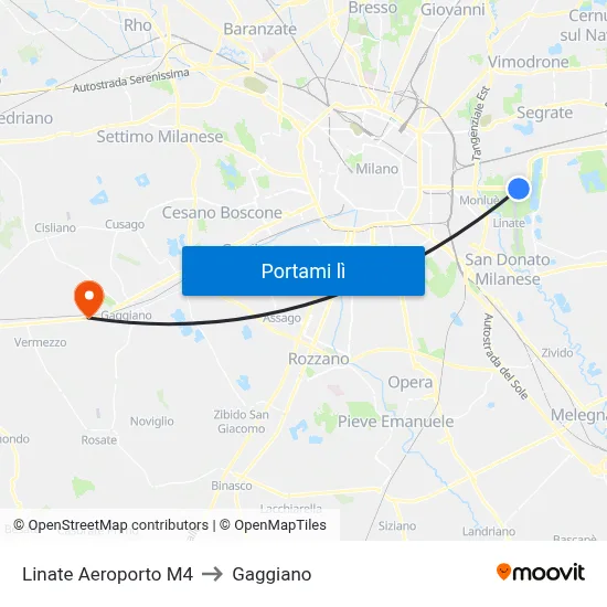 Linate Aeroporto M4 to Gaggiano map