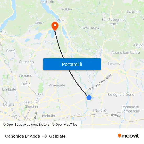 Canonica D' Adda to Galbiate map