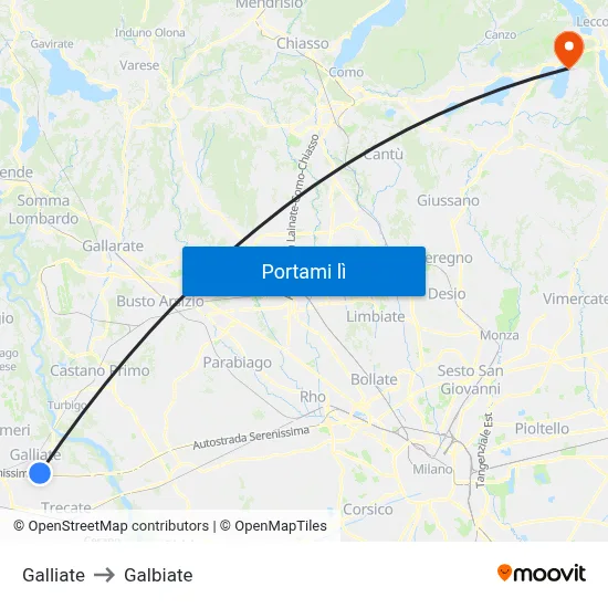 Galliate to Galbiate map