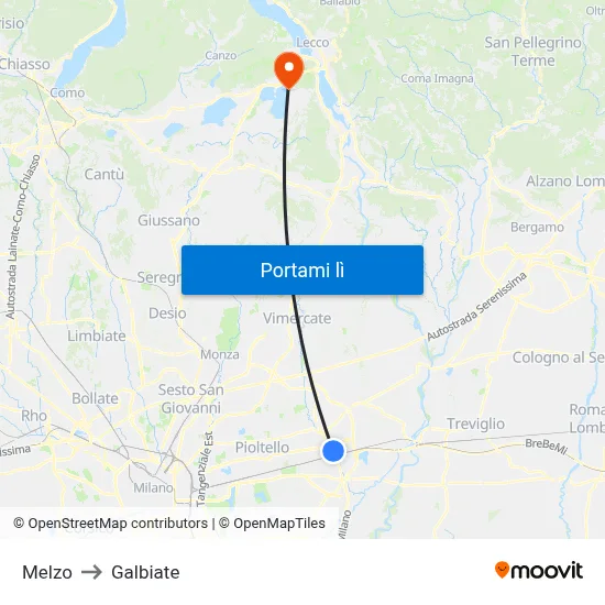 Melzo to Galbiate map