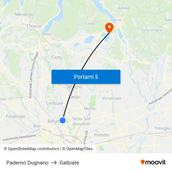 Paderno Dugnano to Galbiate map