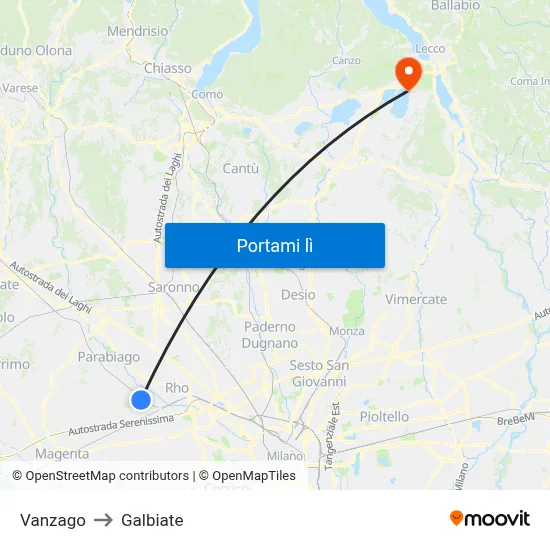 Vanzago to Galbiate map