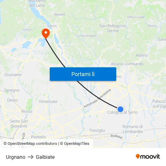 Urgnano to Galbiate map