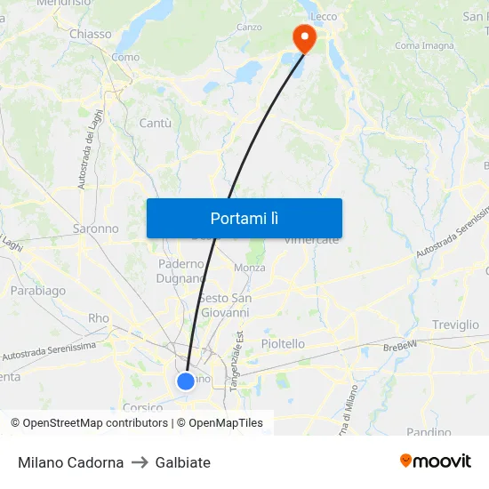 Milano Cadorna to Galbiate map