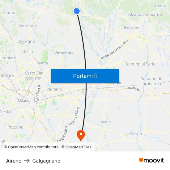 Airuno to Galgagnano map